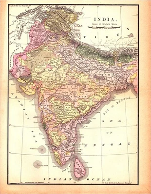 "INDIA" Antiguo mapa de Asia coloreado a mano 1896 Foto 1 de 2