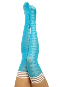 Kixies Par 4 Blue Argyle Thigh-High Stockings No Slip Grips Size B NEW - Picture 1 of 5