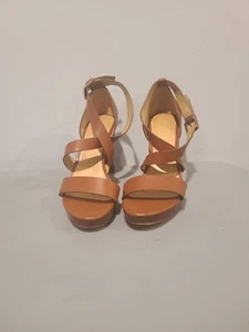 NINE WEST - FREYA, Dark natural GENUINE leather 4.75" platform sandals, SZ 8.5M - Picture 1 of 5