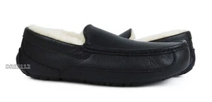 UGG Ascot Black Leather Fur Slippers Mens Size 8 -NIB- - Picture 1 of 4