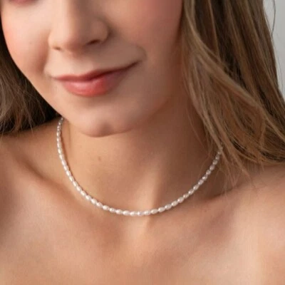 Natural Mother of Pearl 2-3mm Rice Beads Healing Elegant Dainty Choker Necklace - Image 1 of 4