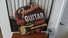 Fender Electric Guitar Shop Vintage Facsimile Metal Rustic Embossed Sign.