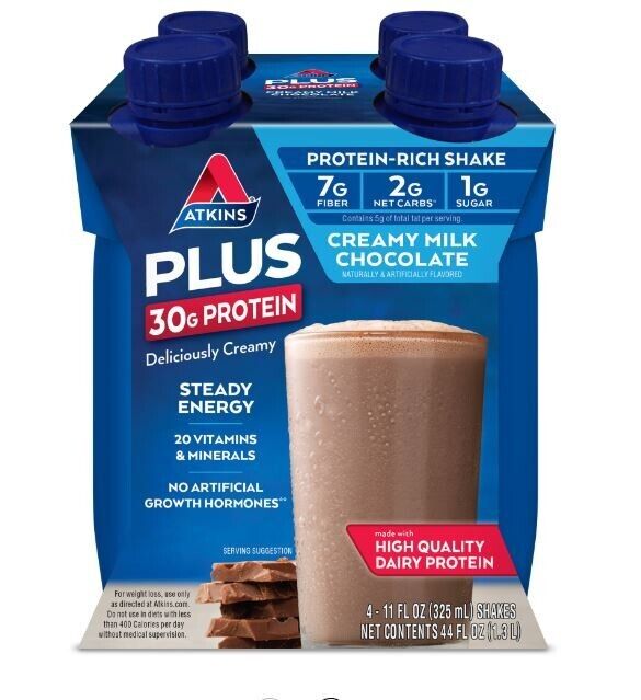 Atkins PLUS Protein & Fiber Shake, Chocolate, Keto Friendly, 11 oz., 4 Count