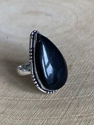 Anel de lágrima de obsidiana preta tamanho S 1/2 folheado a prata 925 vintage boêmio - Imagem 1 de 4