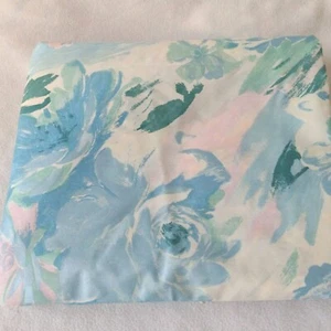 Vintage 80s Blue Floral Coated Cotton 92" X 3 Yd Metallic Home Dec Chintz Fabric - Picture 1 of 10