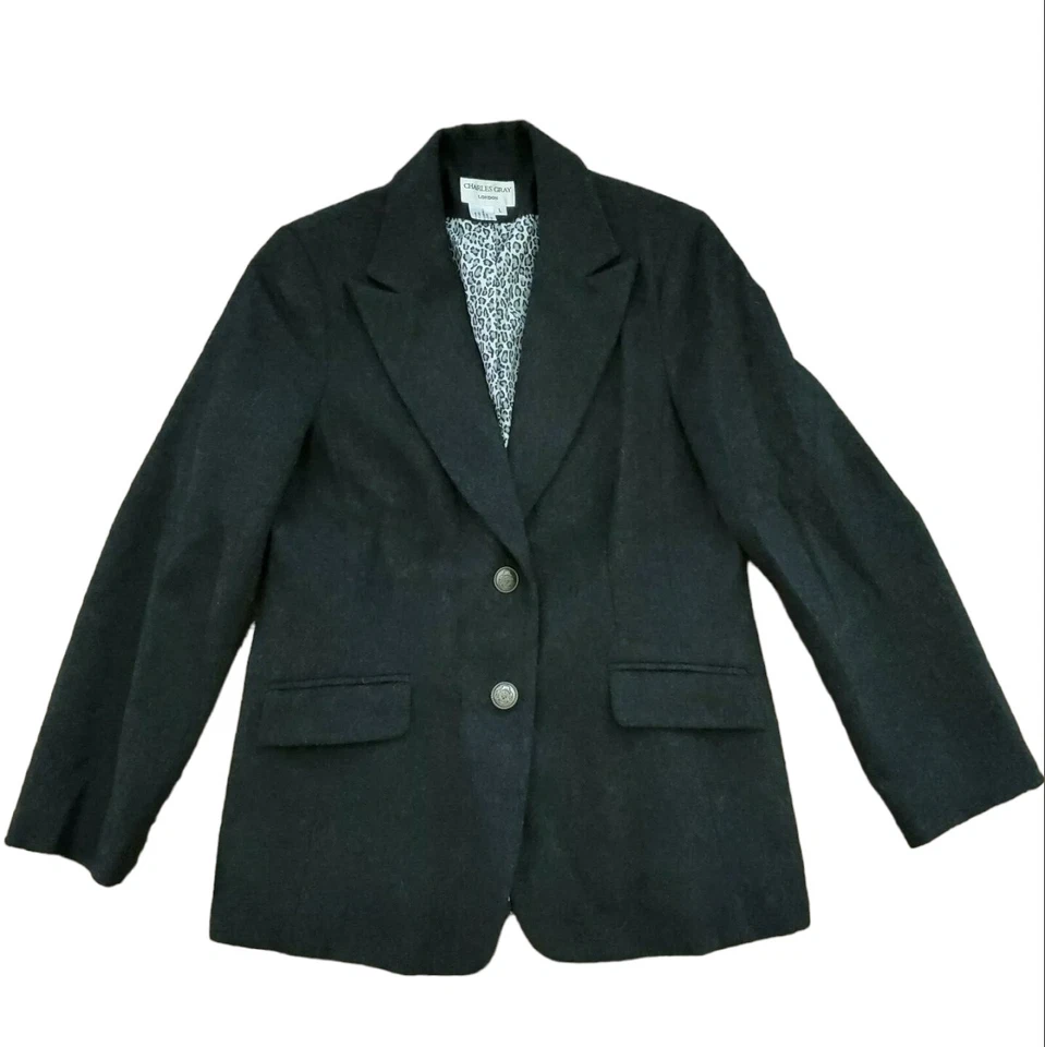 Mujer Londres Gris Oscuro Blazer Traje Chaqueta Lana Talla L Dorado Botón Charles Gris Foto 1 de 4