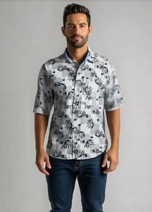 Bugle Boy Co Herren geknöpftes geblümtes Hawaii Camp Hemd Größe M weiß blau Vintage - Bild 1 von 12