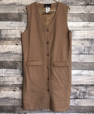 Sag Harbor Vintage Wool Academia Button Up V-Neck Midi Dress Size 10 Tan - Image 1 of 4