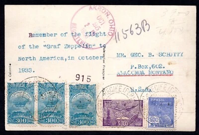 BRAZIL TO U.S. 1933 GRAF ZEPPELIN POST CARD FRANKED SCOTT #C101 (X3) & C25 - Image 1 of 2