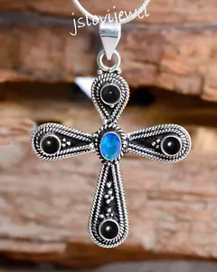Black Onyx, Tanzanite Cut Gemstone 925 Sterling Silver Religious Cross Pendant - Picture 1 of 6
