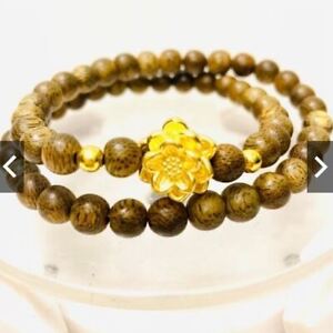 54 beads 8mm Vietnamese natural Agarwood mixed with 24k Gold Covered Lotus Charm