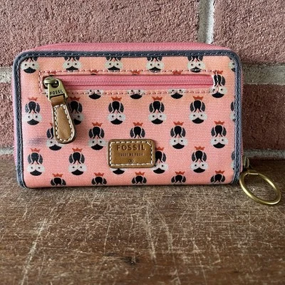 "Cartera de lona recubierta de vinilo con estampado de búho coral rosa fósil 4""x6""" Foto 1 de 4
