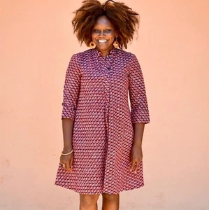 ZURI Batik Schooled Fish Print A-Line Dress Art To Wear Button Down Kenya XS - Picture 1 of 11