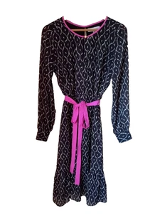 Libelula UK 10 EU 38 Chiffon Midi Dress Black Geo Ikat Print w Pink Trim - Picture 1 of 5