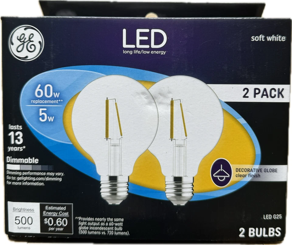 GE LED G25 Dimmable Light Bulbs – Soft White, 500 Lumens, 5.5W (40W Eqv), 2-Pack - Image 1 of 1