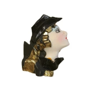 Vintage Brooch Woman W Hat Art deco style Gold Metallic Hand Painted 80s - Picture 1 of 3