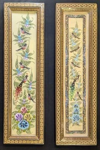 Khatam Intarsien gerahmt lang schmal Chinoiserie Vogel Gemälde 19 3/4” x 5,5” - Bild 1 von 5