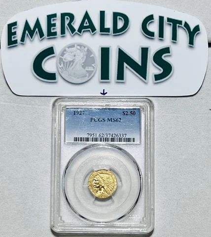1927 GOLD $2.50 QUARTER EAGLE INDIAN HEAD PCGS MS62 95+ YEAR OLD US GOLD COIN Cover