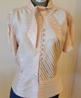 1930s Womens Pink Striped Silk Blouse Puffed Sleeves Covered Buttons Peplum XS