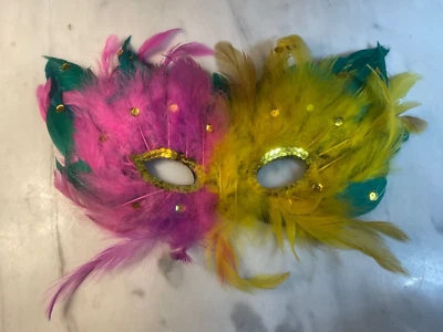 Mardi Gras Feather and Sequin Eye Mask Pink and Yellow - Image 1 of 3