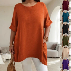 Plus Size Women Short Sleeve T Shirt Blouse Ladies Casual Baggy Plain Tunic Tops - Picture 1 of 30