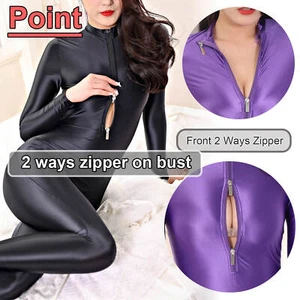 Mujeres Brillante Brillante Satén Gato Lencería Wetlook Body 2 Vías Cremallera Mono - Imagen 1 de 36