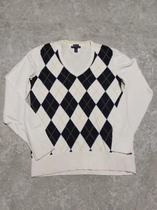 Tommy Hilfiger Jumper Men Large Argyle Diamond Knit White Blue V Neck Pullover - Picture 1 of 8