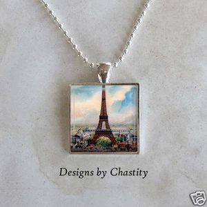 Paris France Necklace Eiffel Tower VTG Post Card Altered Art Charm Pendant  - Picture 1 of 1