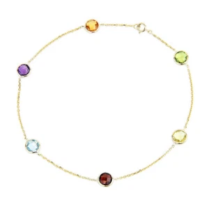 14K Yellow Gold Bracelet With Colorful Faceted Round Gemstones 8 Inches - Picture 1 of 2