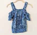 House Of Harlow 1960 Martine Cold Shoulder Smocked Top Printed Blue Small S