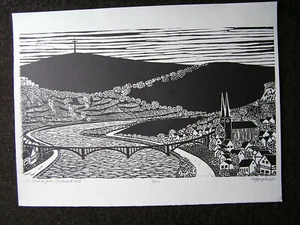 Wolfgang Lemhöfer (* 1937) Die Mosel bei Güls Koblenz Linolscht 1978 41/100 - Imagen 1 de 5