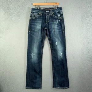 Rock Revival Jeans Mens 32x34 Blue Denim Mick Boot Cut Dark Wash Flap Pocket Y2K - Picture 1 of 19