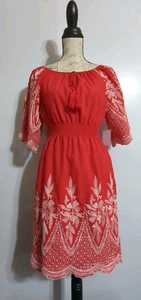 Kindred Dress Small Red Peasant Boho Embroidered Eyelet Scalloped - Picture 1 of 12