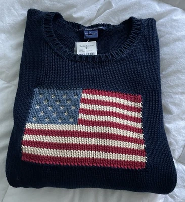 De colección Nuevo con Etiquetas - Ralph Lauren Sport - Suéter Bandera de Estados Unidos - Niños XL - Algodón Cuello Redondo - Azul Marino Foto 1 de 4
