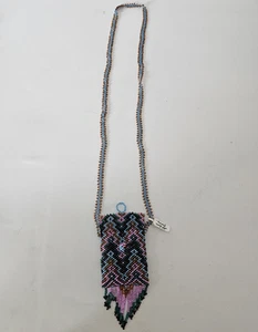 Vintage Handmade Multicolor Glass Bead Tiny Pouch Medicine Bag Tassel Necklace - Picture 1 of 5