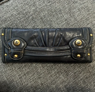 Cartera sin asas vintage Y2K Juicy Couture larga triple cuero negro dinero loco Foto 1 de 4