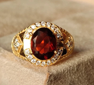 3CT. Anillo de oro amarillo macizo de 14 quilates granate rojo natural para hombre joyería hecha a mano Foto 1 de 4