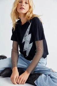Free People x Vintage Souls Lightning Crystal Sleeve Graphic Tee Size XS $188 - Picture 1 of 10