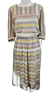 Nipon Boutique Dress Vintage 80's Striped Silk Blend Sailor Collar Pastel - Picture 1 of 12