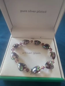 Artisan Glass Heart Bead Bracelet with Sterling Silver Spacers – Stretch Style - Picture 1 of 4