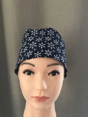 100% Cotton Blue Snowflake Scrub Cap With Mask Buttons L/XL - Image 1 of 3
