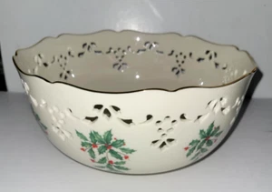 Lenox 8" Large Bone China Holiday Pierced Ivory Bowl with Gold Trim NIB #14952 - Picture 1 of 8