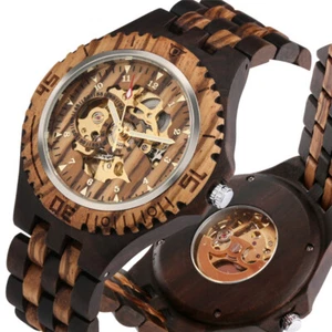 Men Skeleton Sandalwood Watch Auto Mechanical Bracelet Casual Sport Watches - Picture 1 of 15