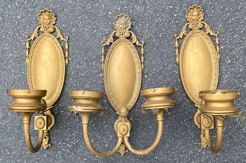 3 Vintage Brass Light Sconces Wall Lights With Cherub Faces Cover