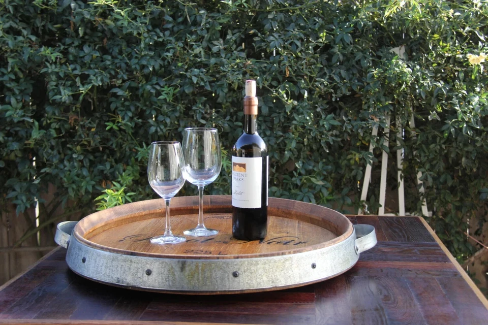 Wine Barrel Lazy Susan w/ Steel Rim & Handles – Reclaimed Oak – 23” Tray - Image 1 of 3