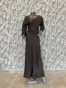 Antique Vintage 1890s silk Brown dress gown ribbon Floral Embroidery Corseted - Picture 1 of 17
