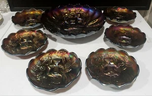Northwood “Peacock and Urn” Amethyst Carnival Glass Berry Ice Cream 6 Bowls Set - Picture 1 of 12