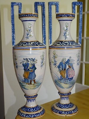 VINTAGE TWO LARGES VASES CERAMIC HR QUIMPER FRANCE COUPLE BRETON  ht 15,35" - Image 1 of 4