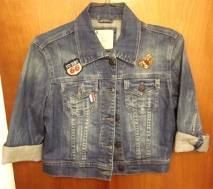 I LOVE H EIGHTY ONE small jean jacket w/ patches classic retro spandex & denim - Picture 1 of 5