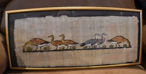 Antique/Vintage Egyptian Papyrus Hand Painted Geese Framed Picture Signed - Picture 1 of 11
